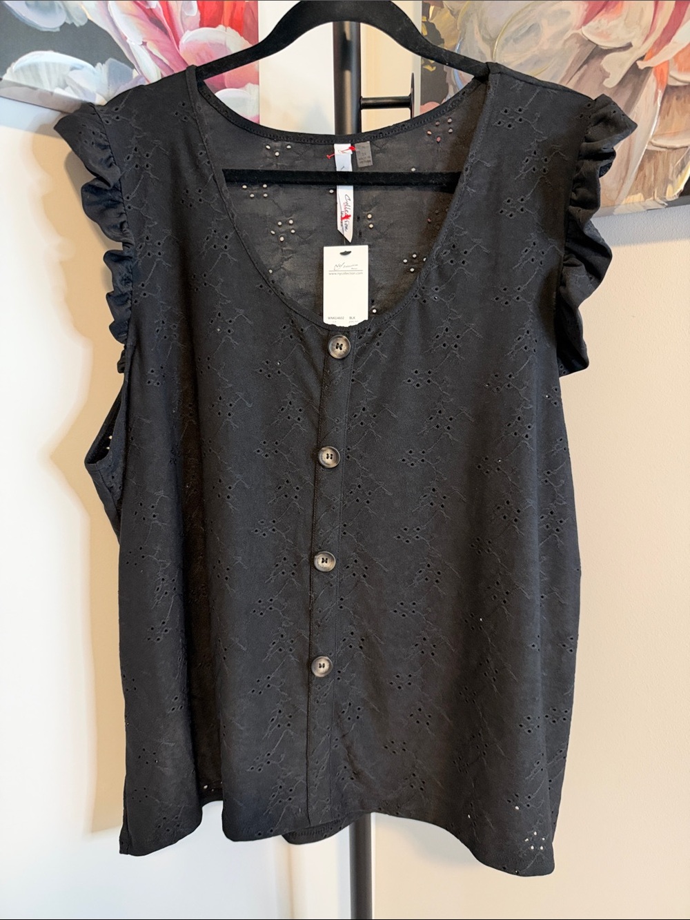 NY Collection Black Eyelet Ruffle Sleeve Blouse